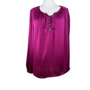 Jennifer Lopez Cranberry Lace Up Peasant Top Size L Red Boho Tunic Blouse